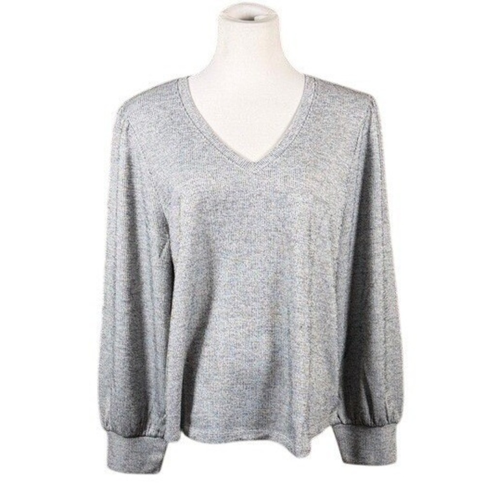 Fever Women XL Grey Marled Ribbed V-Neck Balloon Sleeve Pullover Sweater Top NEW